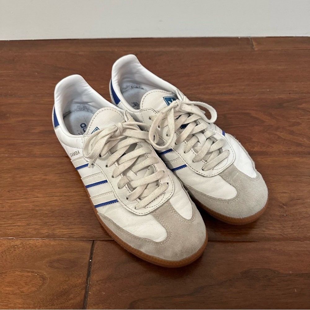 Adidas Sambas in White and Cobalt Blue